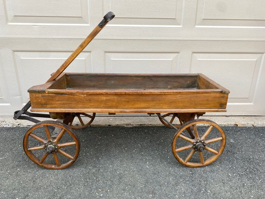 Antique Auto Wheel Coaster Style Wood Wagon With Iron Rimmed Wheels With Wood Spokes. No Shipping.