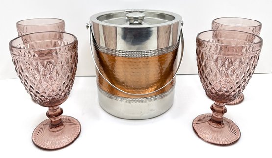 New Ice Bucket With Hammered Copper Detail & 4 Vintage Wine Glasses