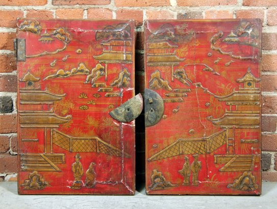 Pair Of Vintage / Antique Chinese Red Lacquer Cabinet Doors / Wall Art