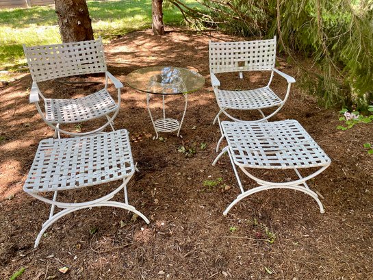 Vintage Pair Of White Strap Lawn Arm Chairs With Footrests & Round Glass Top Side Table