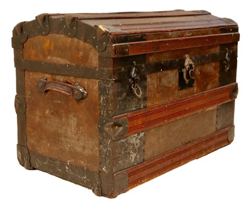 Antique  Streamer Trunk Wood And Metal With Small Wheels