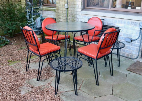 Vintage Wrought Iron Patio Set With Round Tables And Planter Stands