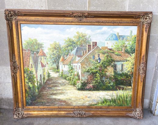 Huge Signed Oil Painting Cottages And Flowers