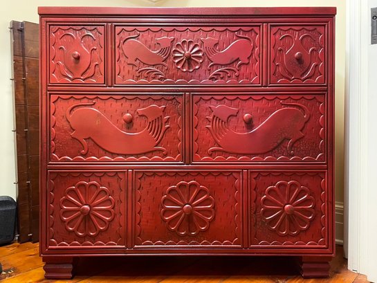A Carved Redwood Chest Of Drawers By Hickory Chair