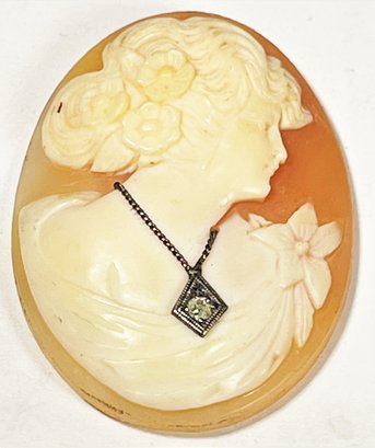Antique Hand Carved Shell Cameo Unframed Having White Stone Necklace