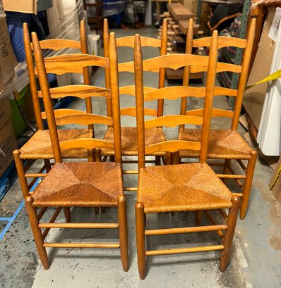 Set Of 5 Beautiful Antique Ladder Back Chairs With Rush Seats