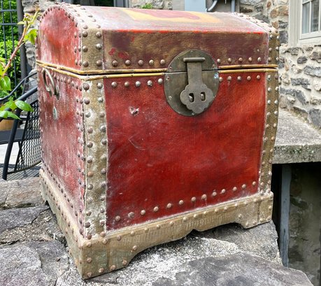 A Vintage Painted Leather And Brass Banded Chinese Chest