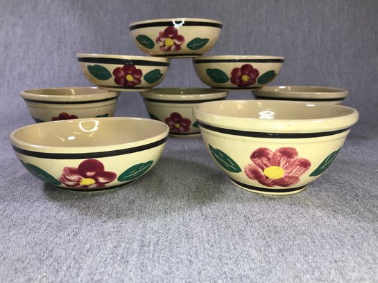 Eight (8) Vintage WATT WARE Pottery #5 Small Bowls - Two Styles - Four Low / Four High - Hand Painted Flowers