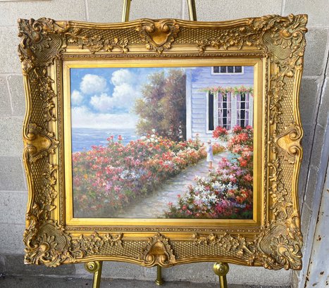 Lovely Wrapped Canvas Oil Painting In Ornate Gold Gilt Frame-Signed 'French Pillement'