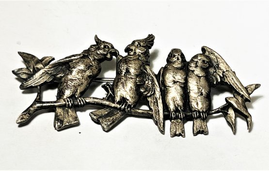 Antique Silver Brooch Birds On A Branch Having French Style Clasp
