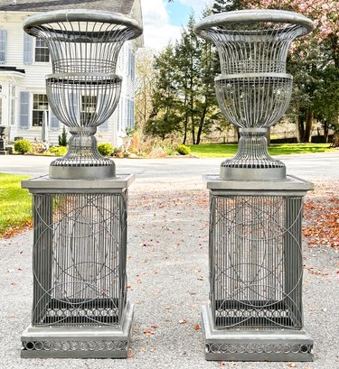 A Pair Of Massive Wrought Iron Urns On Pedestals - From The Original NYBG Antique Garden Furniture Fair!