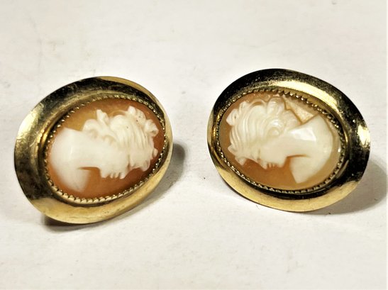 Fine Hand Carved Shell Cameo Pierced Earrings Gold Filled Frames