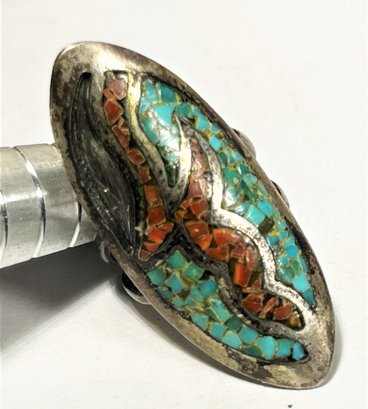 Vintage Southwestern Sterling Silver Large Ring Crushed Coral Turquoise (missing Some Inlay)