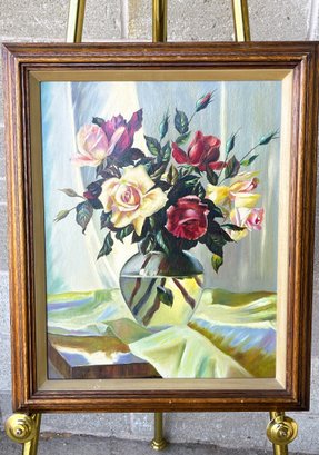 Signed Sadkowski SB47 Oil Painting Of Roses In Vase