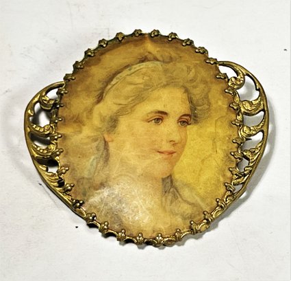 Victorian Gilt Brass Portrait Brooch Of Young Woman In Celluloid