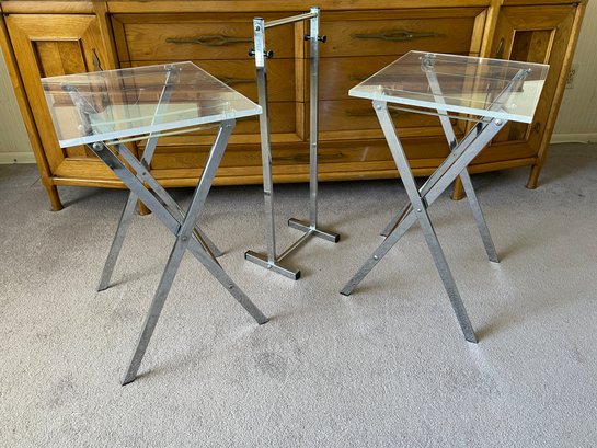 Set Of Post Modern Lucite And Chrome , Pair Of  Folding Side Tables With A  Stand .