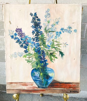 Signed 1978 Wrapped Canvas Oil Painting Blue Flowers In Vase