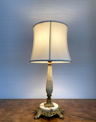 Onyx Baluster With Ornate Brass Base Table Lamp With Ribbed Shade