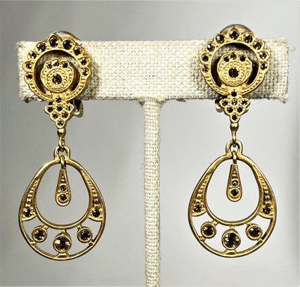 Signed Christian Dior Vintage Gold Tone Rhinestone Ear Clips Ear Pendants