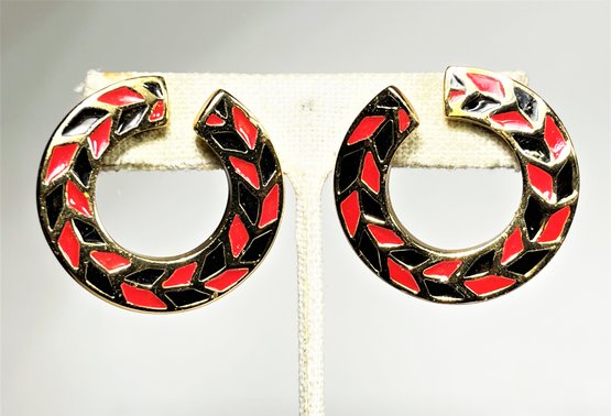 Yves Saint Laurent Signed Gold Tone Black Red Enamel 1980s Clip Earrings