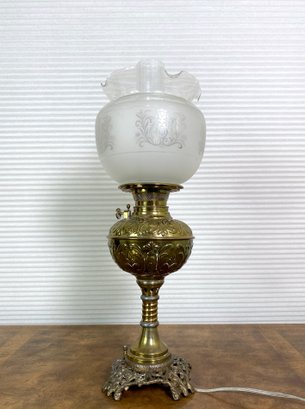 P&A Brass Oil Lamp Conversion With Frosted Globe And Hurricane Shade