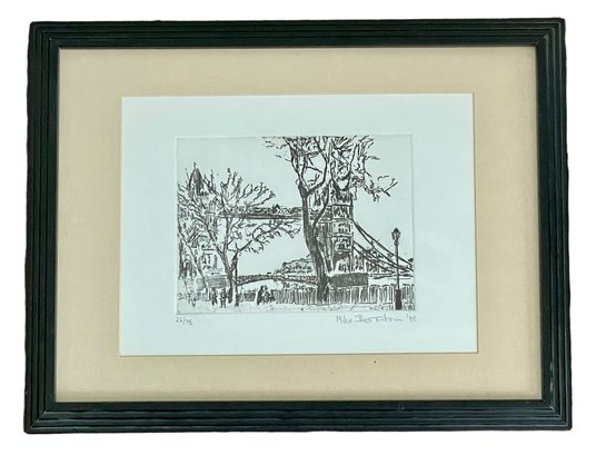1992 Limited Edition 26/75 Etching Of London Bridge By London Artist Mike Bernstein, Framed Under Glass