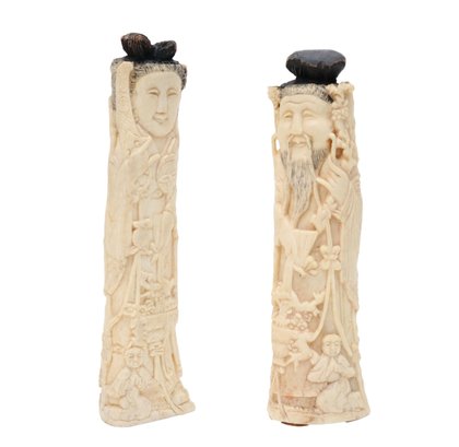 Exquisite Ming-Qing Dynasty Style Carved Bone Sculptures With Wood Top