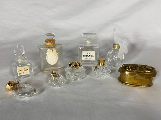 Collection Of Miniature Perfume Bottles Chanel 5, Christian Dior Miss Dior, Replique Raphael, Brass Pill Box