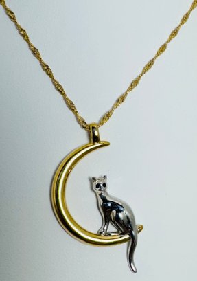 SIGNED BBJ GOLD OVER STERLING TWO TONE CAT SITTING ON MOON NECKLACE