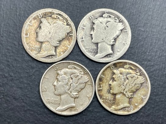 Four Silver Mercury Dimes - 1917, 1918 & 1942 (2)