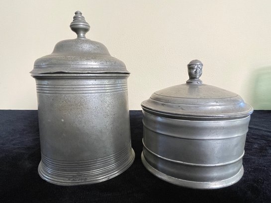 Antique French 2 Piece Pewter Kitchen Canister Set