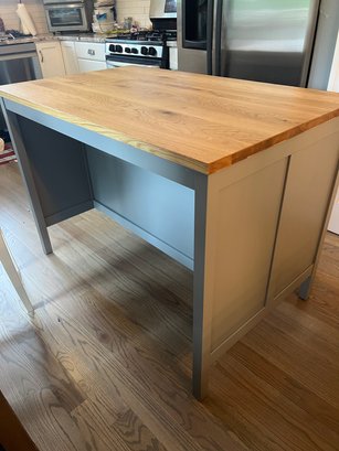 Dove Grey Free Standing Kitchen Island With Natural Wood Slab Top