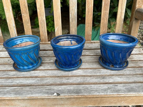 Trio Of Cobalt Blue Glazed Ceramic Pots