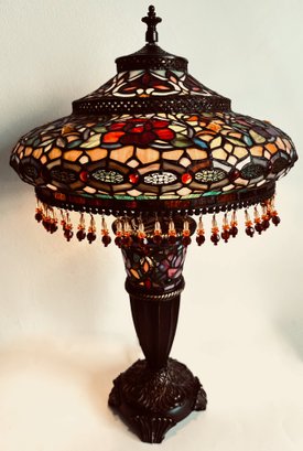 Vintage Stained Glass Tiffany Style Table Lamp With Beaded Fringe