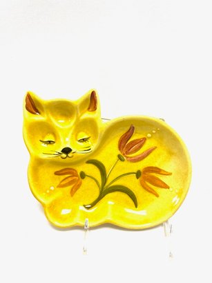 Vintage Hand-decorated Cat Dish By Los Angeles Potteries California