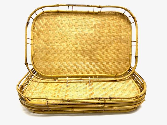 Set Of 5 Vintage Bamboo Rattan Serving Trays