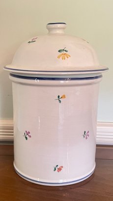 A Pretty White With Small Flowers & Blue Accents Biscuit Jar With Lid