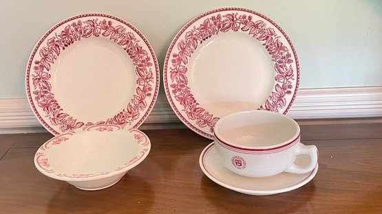 A Lot Of White & Red Dishes - Harvard Club Of NY Teacup & Saucer,  PAIR Mayfair Plates & More