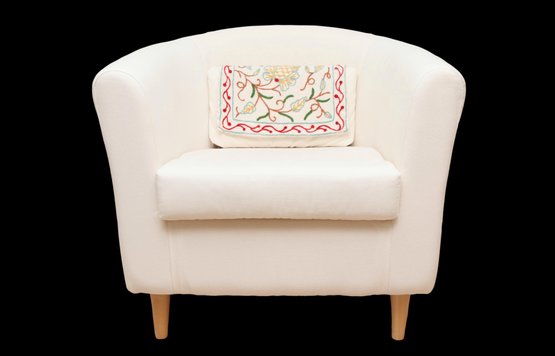 Off White Barrel Club Chair With Small. Crewel Floral Pillow
