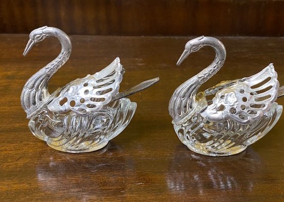 Pair Of Matching Glass & Silverplated Swans
