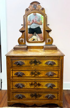 A Late 19th Century Carved Pine Eastlake Victorian Dresser With Mirror