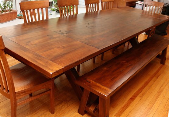 Pottery Barn Plank Trestle Table With Two Sleeves, Long Bench And 6 Custom Amish Side Chairs