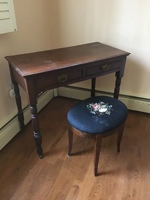 Sheraton Style Mahogany Vanity/desk With Embroidered Stool