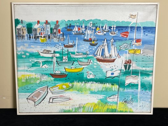 Framed Signed Oil Painting Print Of Sailboats