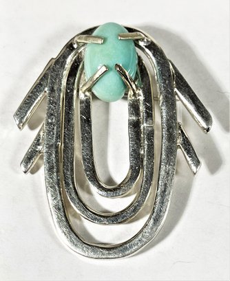 Large And Heavy Sterling Silver Modernist Brooch Having Turquoise Stone