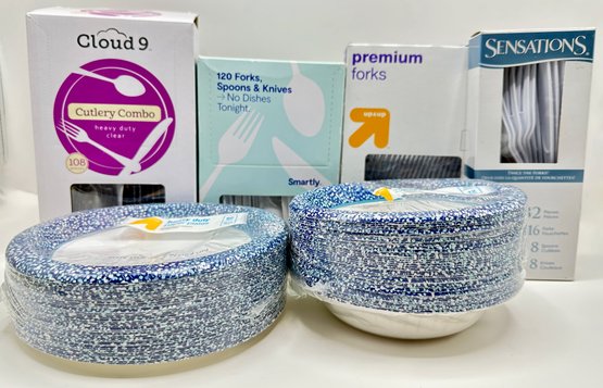 Disposable Party Supplies: Cutlery, Plates & Bowls, Mostly New