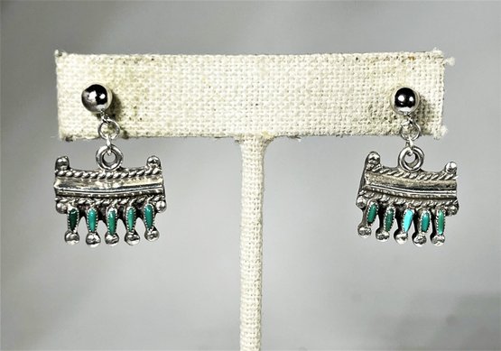 Fine Pair Of Sterling Silver Turquoise Zuni Pierced Earrings