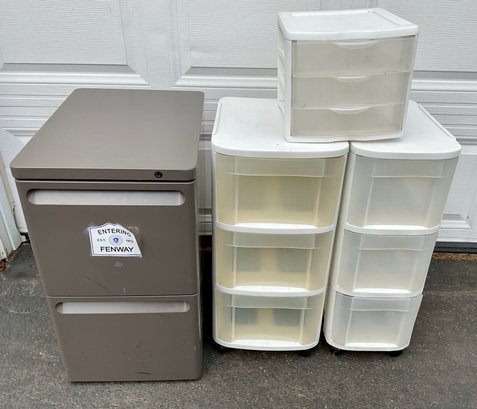 Plastic Storage Bins And  And Metal File Cabinet