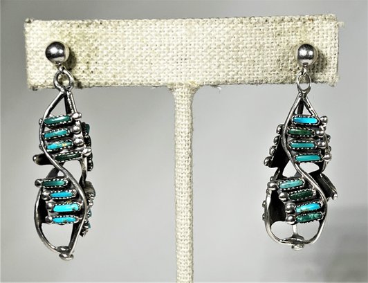 Fine Sterling Silver Zuni Native American Indian Turquoise Pierced Earrings