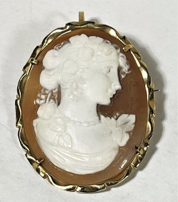 Fine 14k Gold Hand Carved Shell Cameo Brooch Pendant Artist Signed
